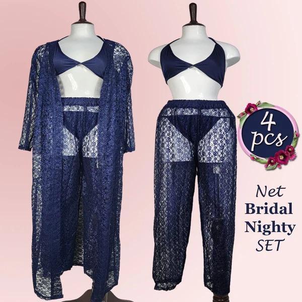 Stylish Blue Net Embossed Nightwear Set - Comfortable and Lightweight, Free Size